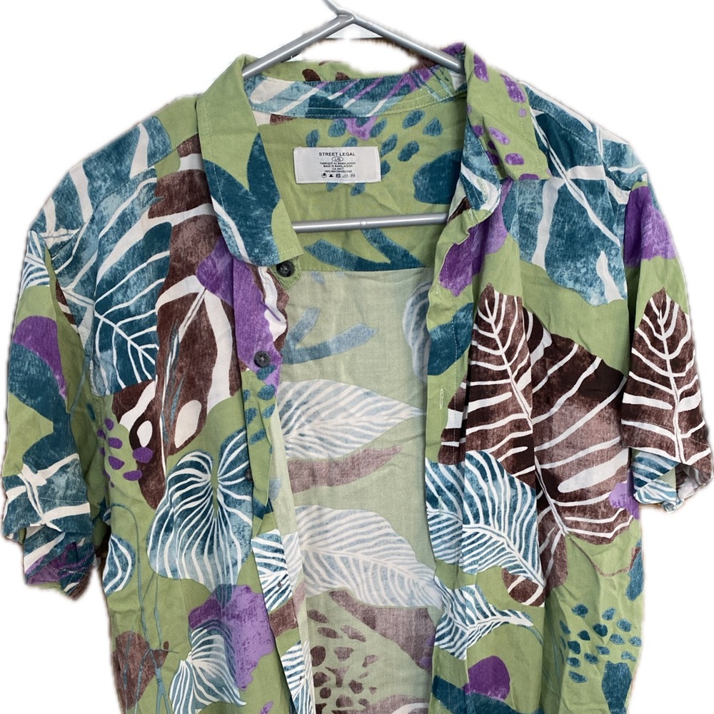L Street Legal Green and Purple Leaf Print Shirt
